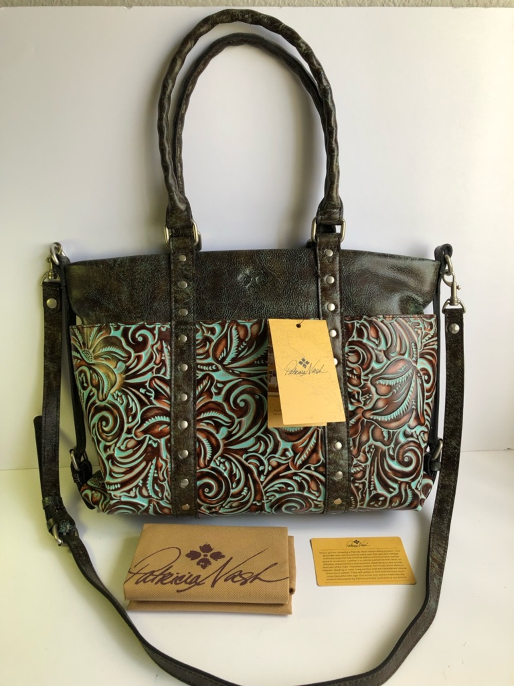 Patricia Nash Brown & Turquoise Tooled Leather Tote with Floral Motif